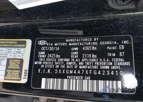 2015 Kia Optima Lx z USA, uszkodzony, nr VIN 5XXGM4A7XFG423410